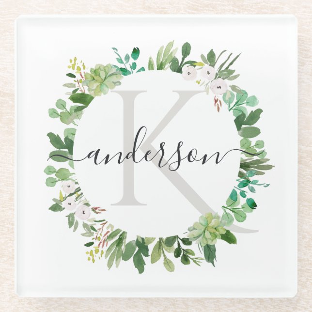 SUCCULENT EUCALYPTUS FOLIAGE WATERCOLOR MONOGRAM GLASS COASTER (Front)