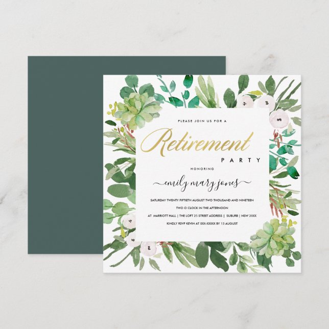 SUCCULENT EUCALYPTUS FOLIAGE WATERCOLOR RETIREMENT INVITATION (Front/Back)