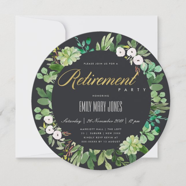 SUCCULENT EUCALYPTUS FOLIAGE WATERCOLOR RETIREMENT INVITATION (Front)