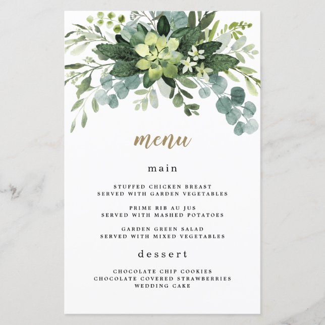 Succulent Eucalyptus Greenery Wedding Menu Cards (Front)