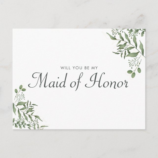 Succulent Eucalyptus Leaves Maid of Honour Proposa Invitation Postcard (Front)