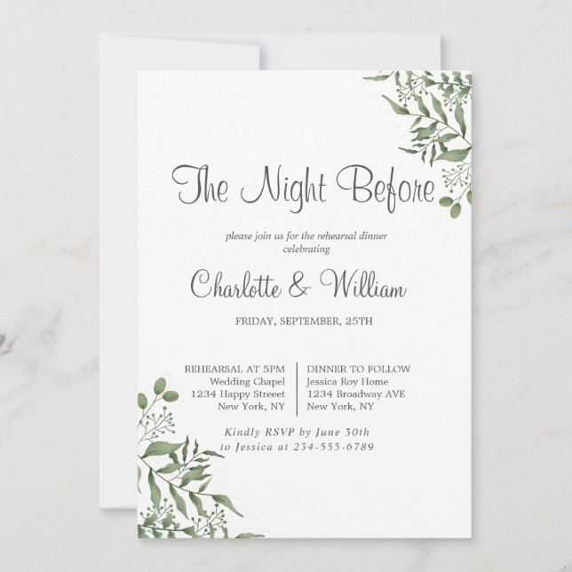 Succulent Eucalyptus Leaves Rehearsal Dinner Invitation (Front)