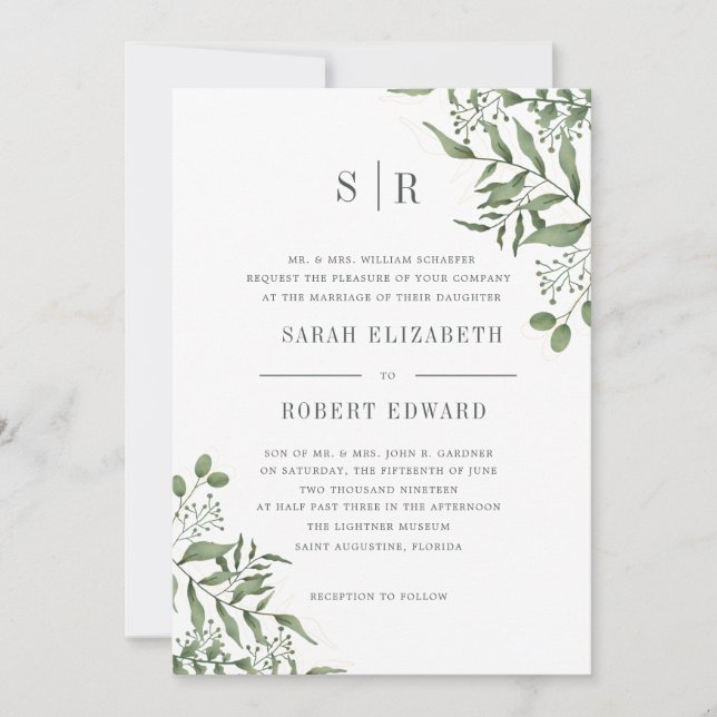 Succulent Eucalyptus Leaves Rehearsal Dinner Invitation (Front)