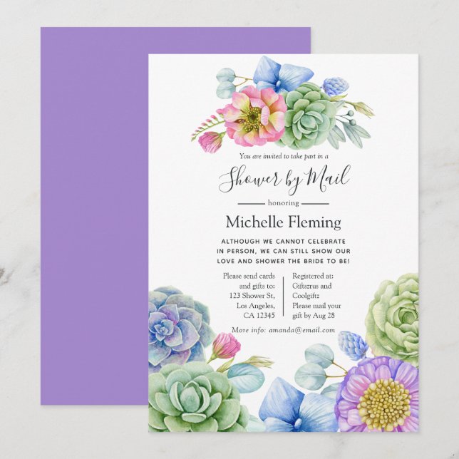 Succulent Floral Bridal or Baby Shower by Mail Invitation (Front/Back)