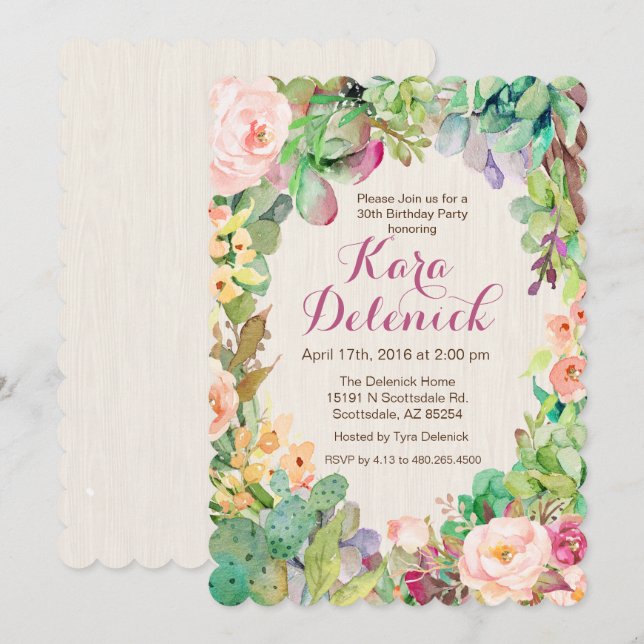 Succulent Floral Cactus Birthday Party Invitation (Front/Back)