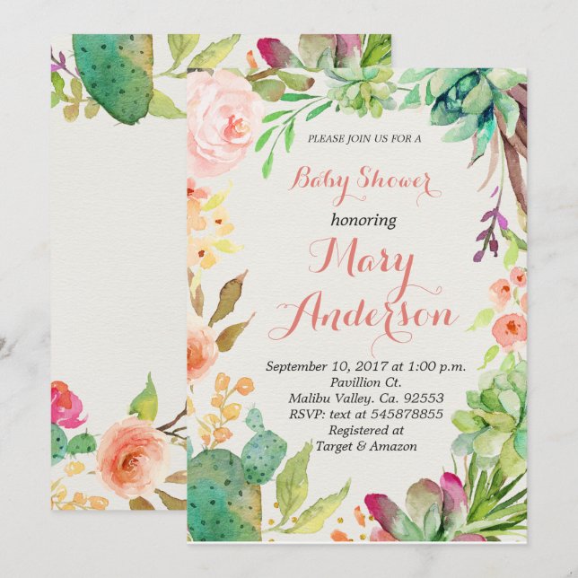 Succulent Floral Cactus Invitation (Front/Back)