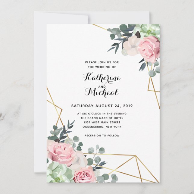 Succulent floral geometric wedding invitation (Front)