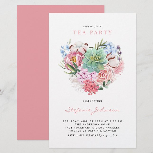 Succulent Floral Heart Tea Party Invitation (Front/Back)