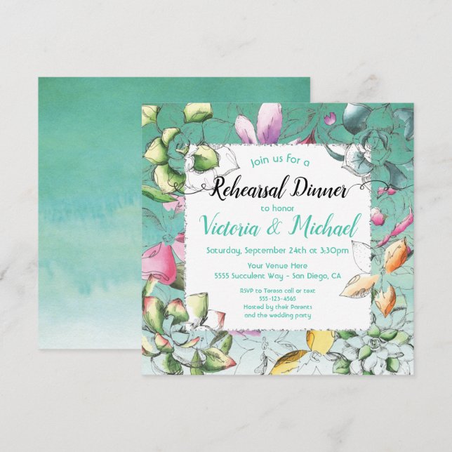 Succulent Floral Rehearsal Dinner Invitations (Front/Back)