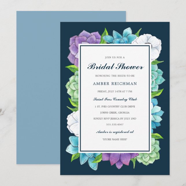 Succulent Florals Bridal Shower Invitation | Navy (Front/Back)