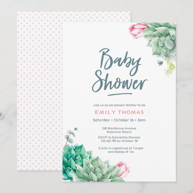 Succulent florals Girl Baby Shower Invitation (Front/Back)