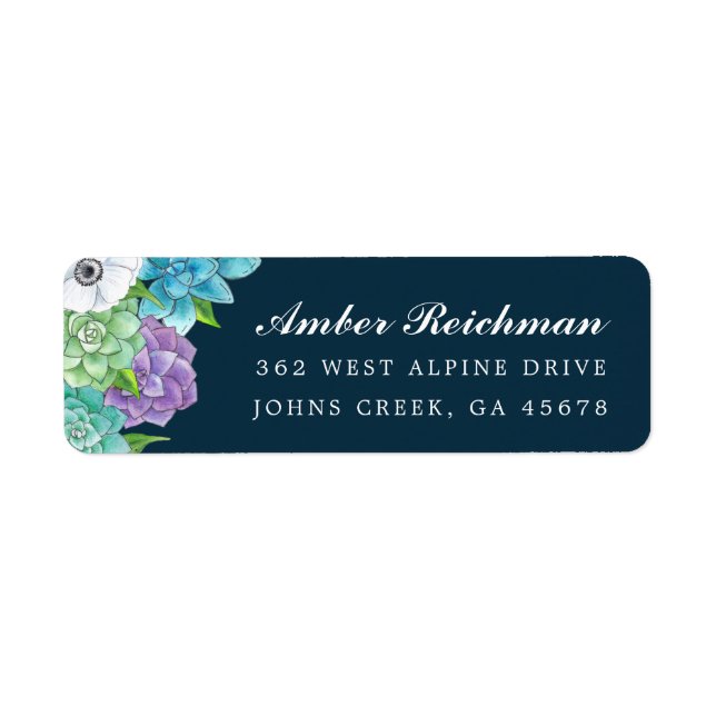 Succulent Florals Return Address Labels | Navy (Front)
