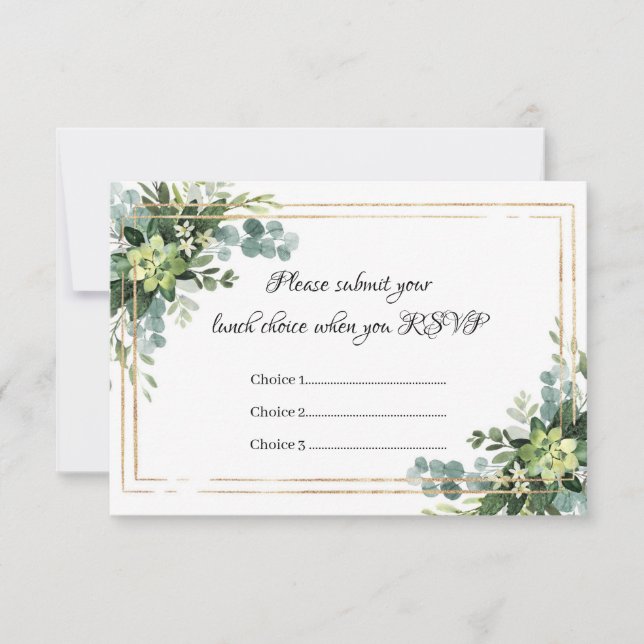 Succulent flowers gold frame meal options RSVP Thank You Card (Front)