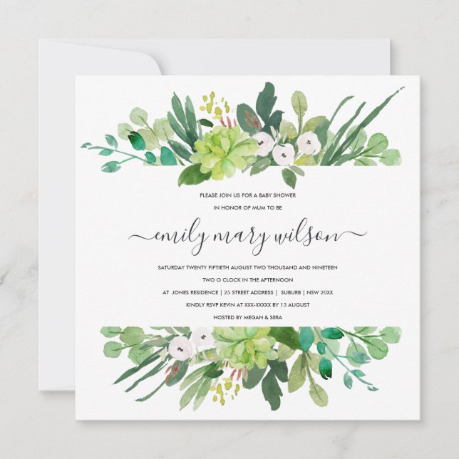 SUCCULENT FOLIAGE FRAME WATERCOLOR BABY SHOWER INVITATION (Front)