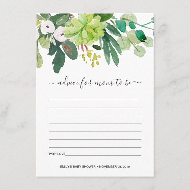 SUCCULENT FOLIAGE WATERCOLOR ADVICE BABY SHOWER ENCLOSURE CARD (Front)
