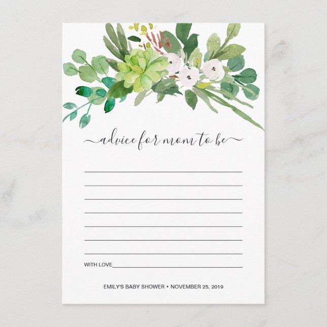 SUCCULENT FOLIAGE WATERCOLOR ADVICE BABY SHOWER ENCLOSURE CARD (Front)