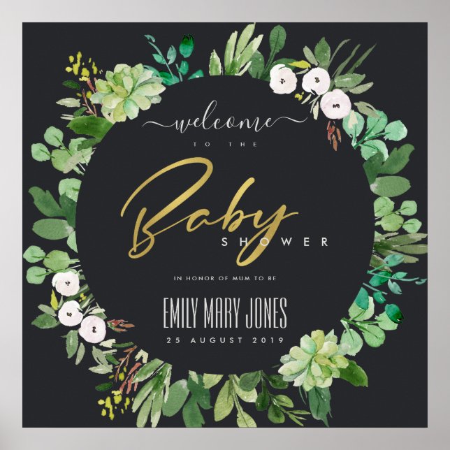 SUCCULENT FOLIAGE WATERCOLOR BABY SHOWER WELCOME POSTER (Front)