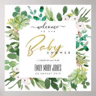 SUCCULENT FOLIAGE WATERCOLOR BABY SHOWER WELCOME POSTER