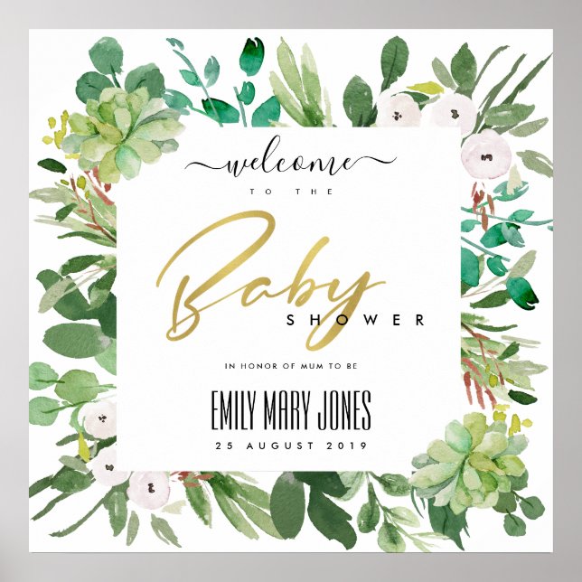 SUCCULENT FOLIAGE WATERCOLOR BABY SHOWER WELCOME POSTER (Front)