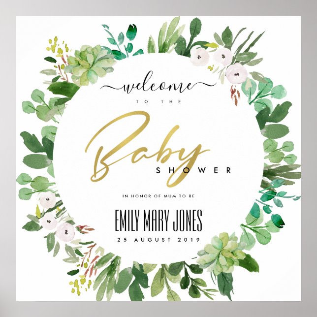 SUCCULENT FOLIAGE WATERCOLOR BABY SHOWER WELCOME POSTER (Front)