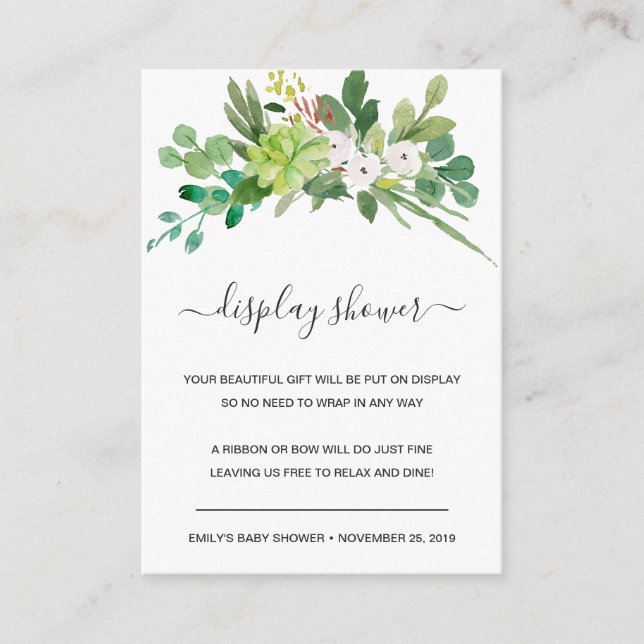 SUCCULENT FOLIAGE WATERCOLOR DISPLAY BABY SHOWER ENCLOSURE CARD (Front)