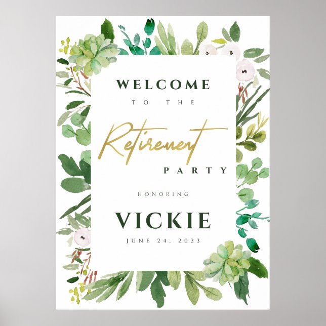 Succulent Foliage Watercolor Retirement Welcome Poster (Front)