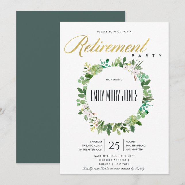 SUCCULENT FOLIAGE WATERCOLOR WREATH RETIREMENT INVITATION (Front/Back)