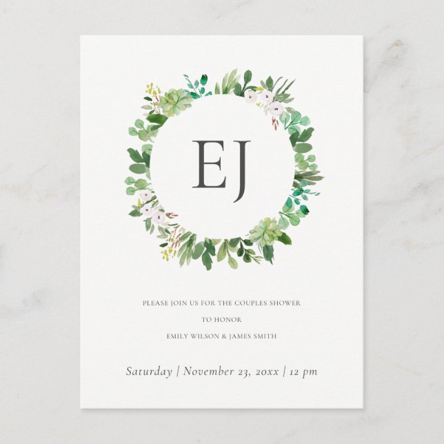 SUCCULENT FOLIAGE WREATH MONOGRAM COUPLES SHOWER INVITATION POSTCARD (Front)