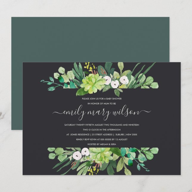 SUCCULENT FOLIAGE WREATH WATERCOLOR BABY SHOWER INVITATION (Front/Back)