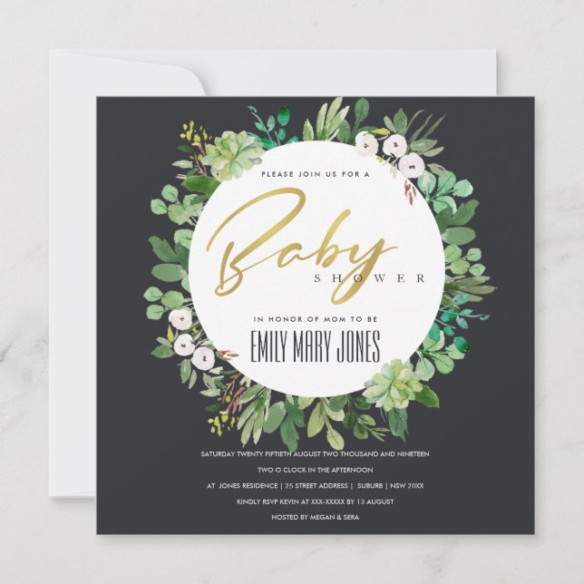 SUCCULENT FOLIAGE WREATH WATERCOLOR BABY SHOWER INVITATION (Front)