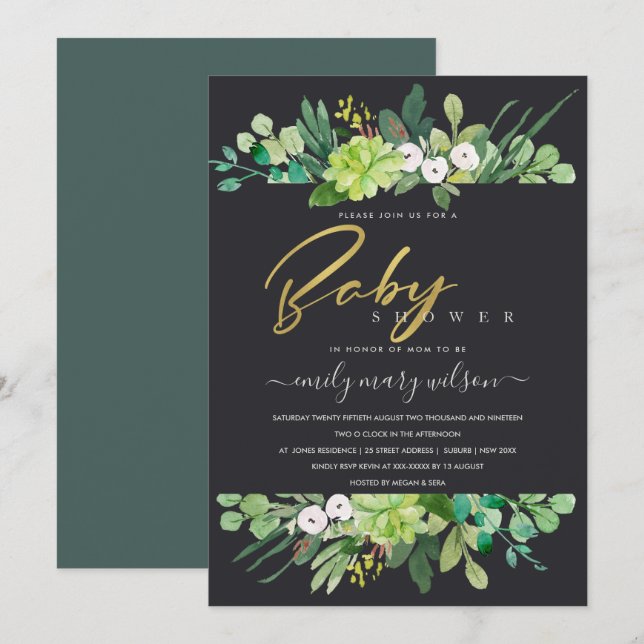 SUCCULENT FOLIAGE WREATH WATERCOLOR BABY SHOWER INVITATION (Front/Back)