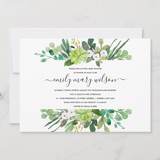 SUCCULENT FOLIAGE WREATH WATERCOLOR BABY SHOWER INVITATION (Front)