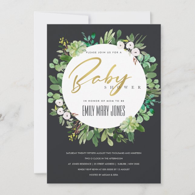 SUCCULENT FOLIAGE WREATH WATERCOLOR BABY SHOWER INVITATION (Front)