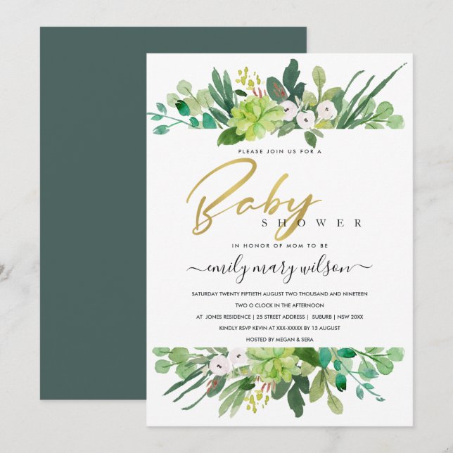 SUCCULENT FOLIAGE WREATH WATERCOLOR BABY SHOWER INVITATION (Front/Back)