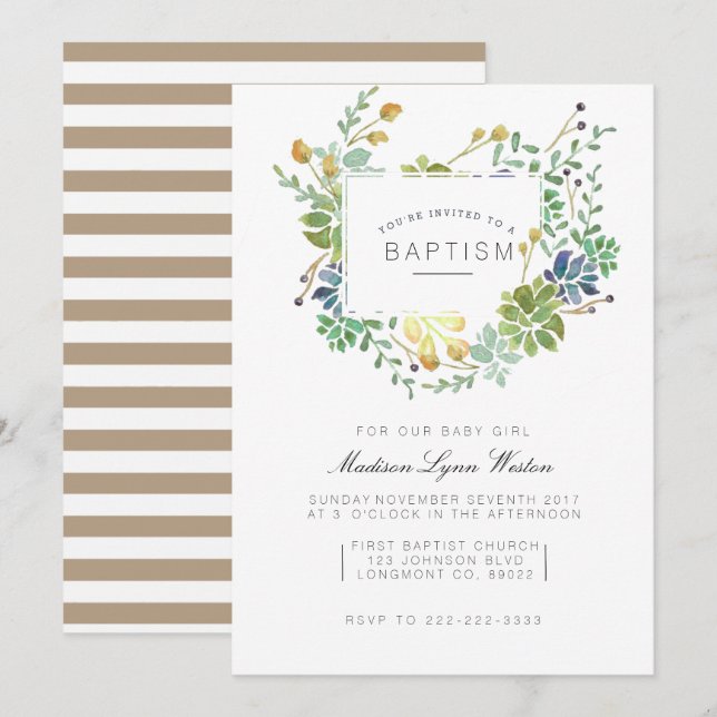 Succulent Garden | Floral Watercolor Baptism Invitation (Front/Back)
