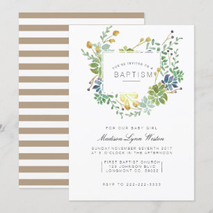 Succulent Garden   Floral Watercolor Baptism Invitation