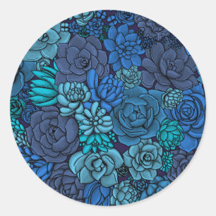 Succulent garden in blue classic round sticker