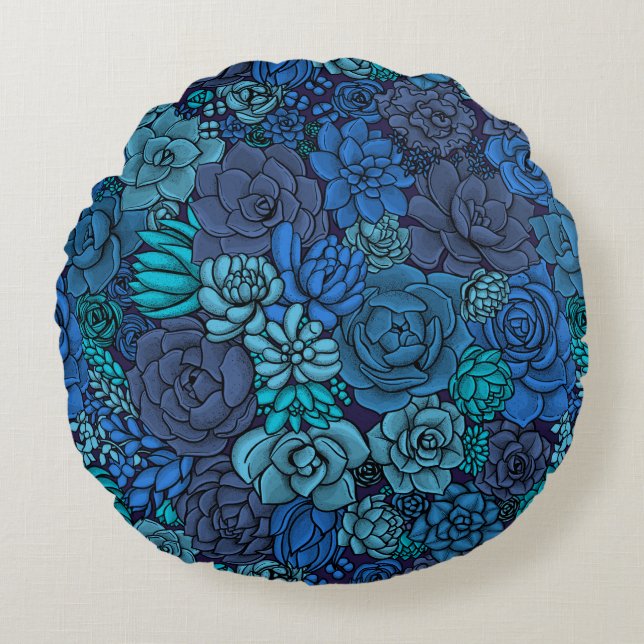 Succulent garden in blue round cushion (Front)