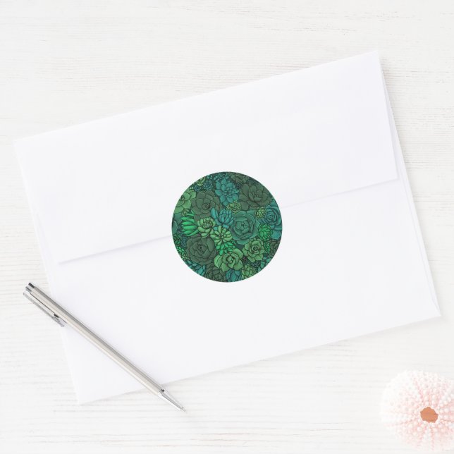 Succulent garden in green classic round sticker (Envelope)