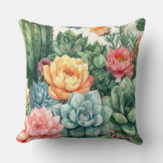 Succulent Garden Pillow - Cactus Botanical Plant  (Front)