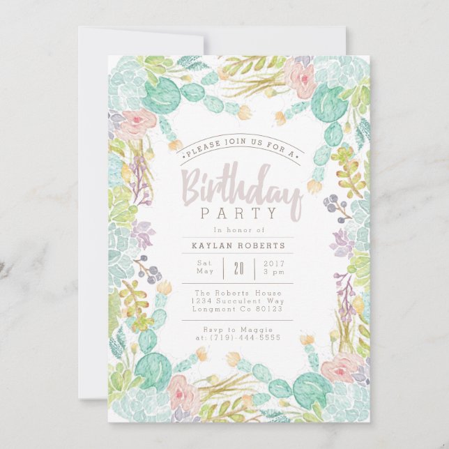 Succulent Garden Watercolor | Birthday Party Invitation (Front)