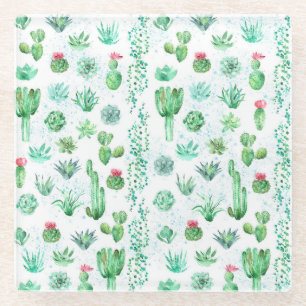 Succulent Garden: Watercolor Seamless Background. Glass Coaster