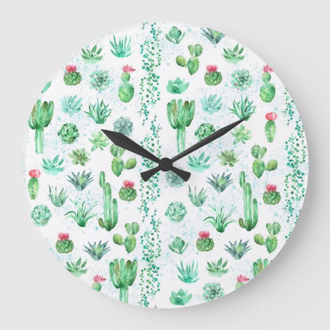 Succulent Garden: Watercolor Seamless Background. Large Clock (Front)