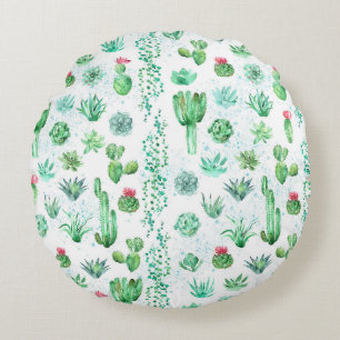 Succulent Garden: Watercolor Seamless Background. Round Cushion