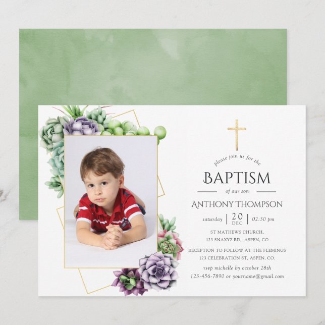 Succulent Geometric Baptism or Christening Invitation (Front/Back)