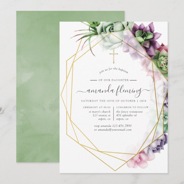 Succulent Geometric Baptism or Christening Invitation (Front/Back)