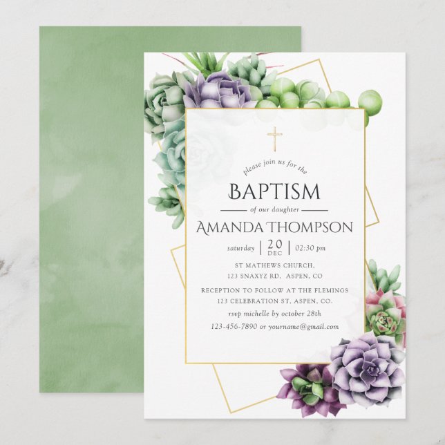 Succulent Geometric Baptism or Christening Invitation (Front/Back)