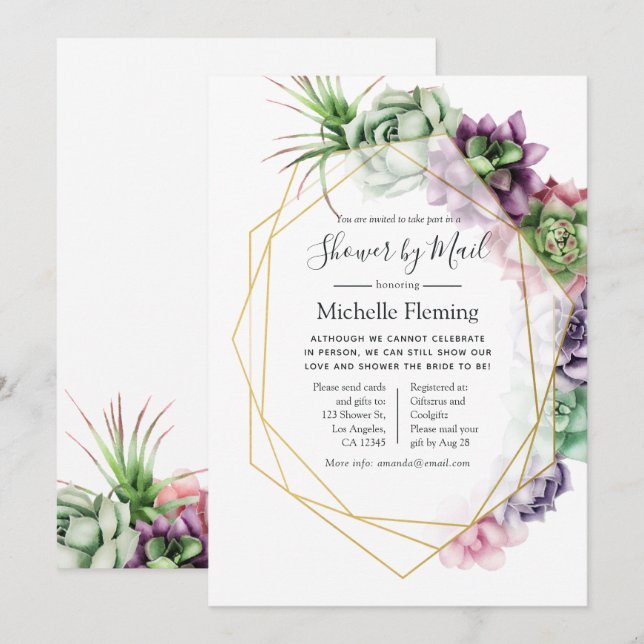 Succulent Geometric Bridal or Baby Shower by Mail Invitation (Front/Back)