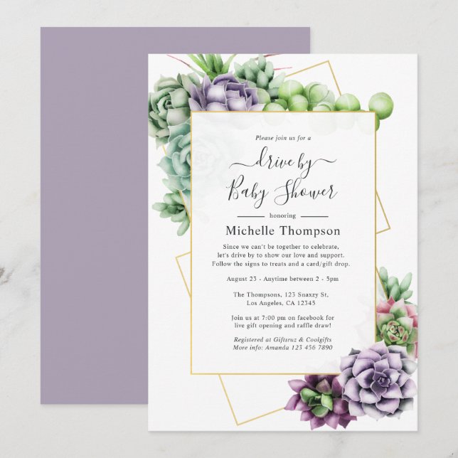 Succulent Geometric Drive By Bridal or Baby Shower Invitation (Front/Back)