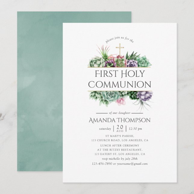 Succulent Geometric First Holy Communion Invitation (Front/Back)